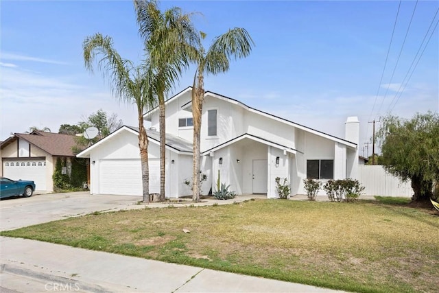 view of front of property with a front lawn, fence, stucco siding, driveway, and an attached garage