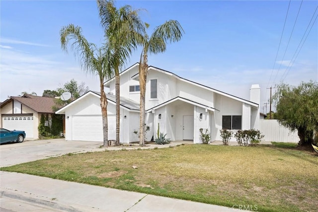 view of front of property with stucco siding, fence, a front yard, concrete driveway, and an attached garage