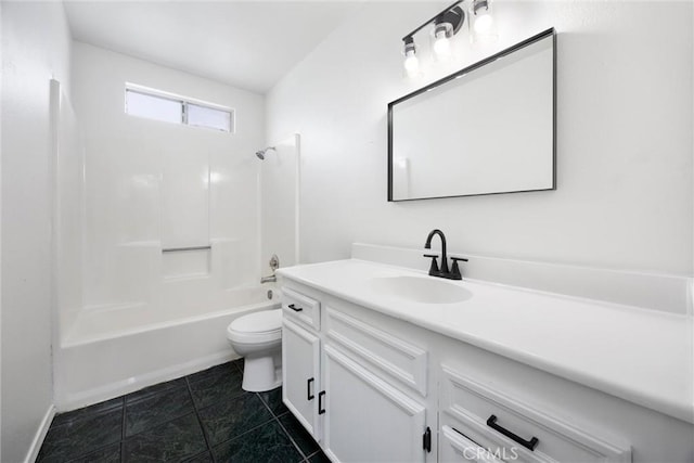 full bath featuring toilet, vanity, and tub / shower combination