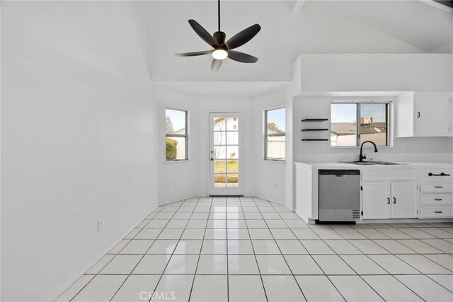 kitchen featuring white cabinets, light countertops, a sink, a ceiling fan, and dishwasher