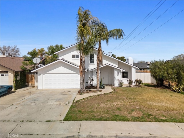 mid-century inspired home with stucco siding, a front lawn, driveway, fence, and a garage