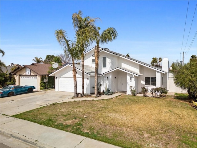 view of front of property featuring a garage, stucco siding, a front lawn, and concrete driveway