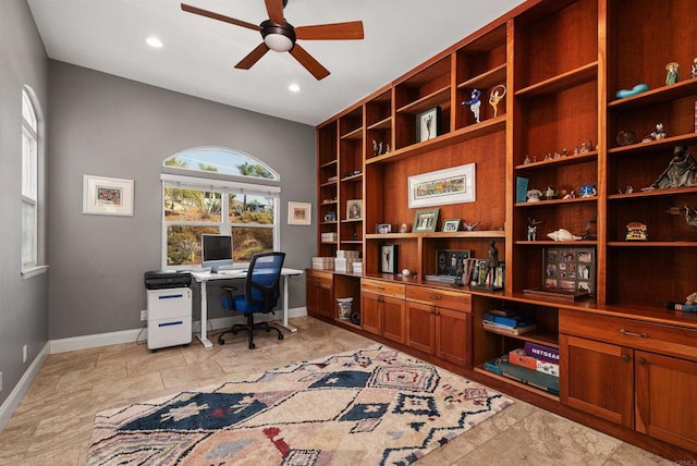 office area featuring recessed lighting, a ceiling fan, and baseboards