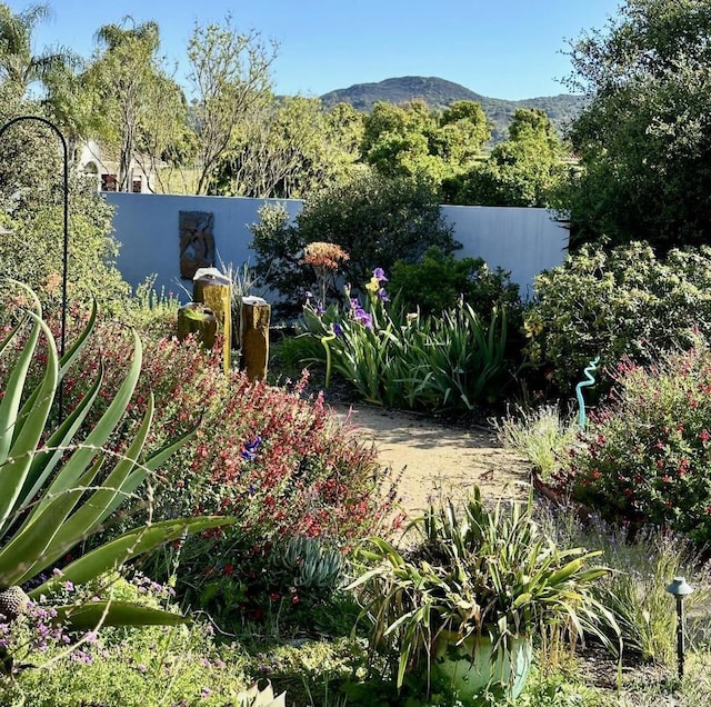 view of yard with a mountain view and fence