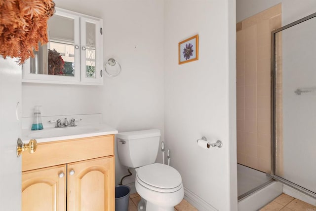 bathroom featuring tile patterned floors, a shower stall, toilet, and vanity