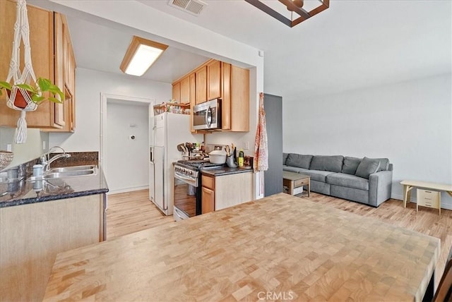 kitchen with a sink, visible vents, appliances with stainless steel finishes, and light wood finished floors