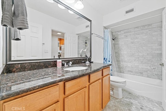 full bath featuring visible vents, toilet, vanity, and shower / bathtub combination with curtain