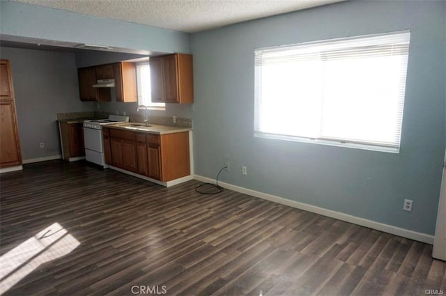 kitchen featuring a sink, dark wood-type flooring, under cabinet range hood, and white range with electric cooktop