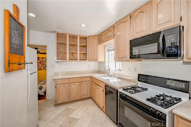 kitchen featuring a sink, light brown cabinets, light countertops, black appliances, and open shelves