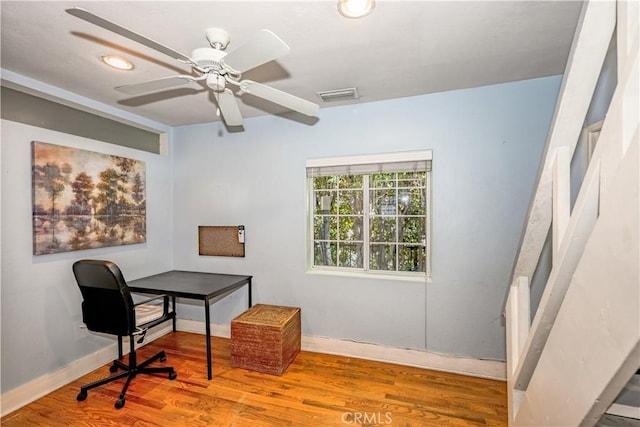 office area with ceiling fan, visible vents, baseboards, and wood finished floors