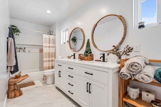 381214 36th St, San Diego, CA 92104 - bathroom featuring double vanity, marble finish flooring, toilet, shower / bath combination with curtain, and recessed lighting