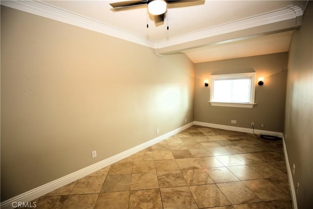 unfurnished room featuring crown molding, light tile patterned floors, baseboards, and ceiling fan