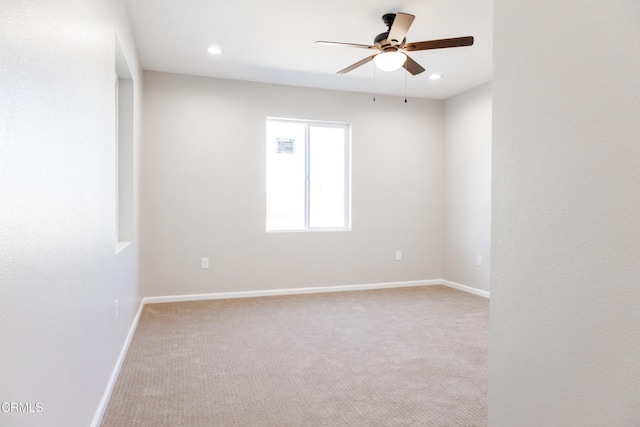 unfurnished room featuring recessed lighting, baseboards, carpet, and ceiling fan