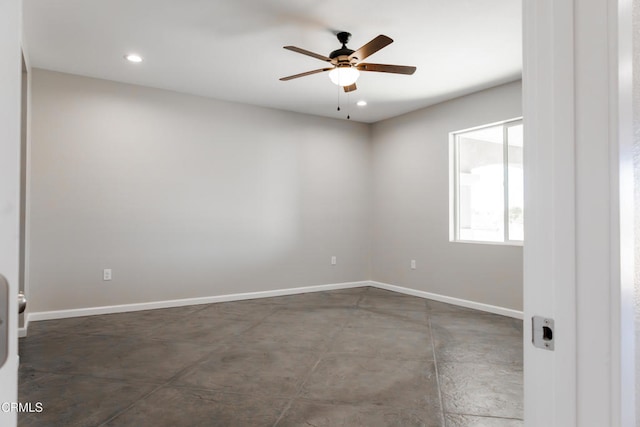 spare room with recessed lighting, baseboards, and ceiling fan