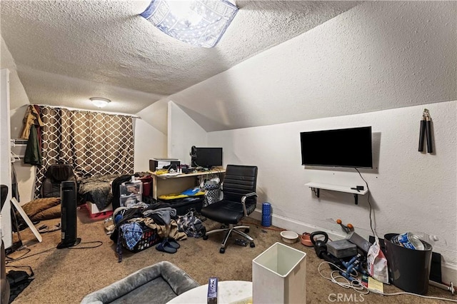 office space with carpet floors, a textured ceiling, and vaulted ceiling