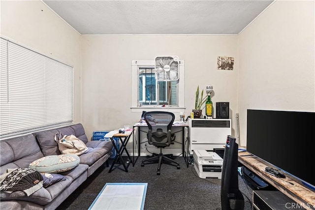 carpeted office featuring a textured ceiling