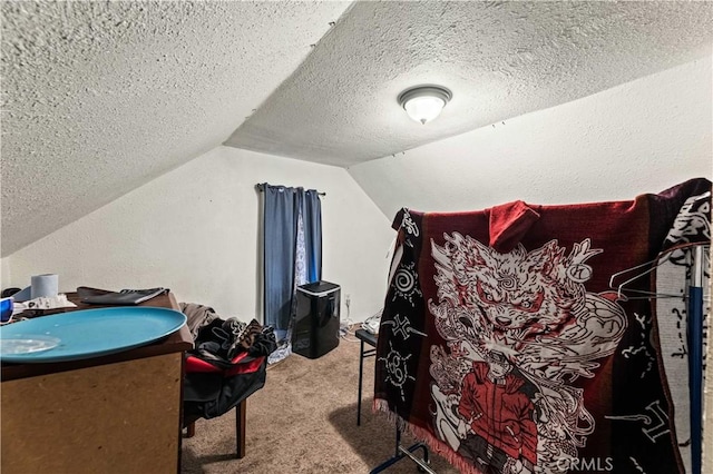 interior space with vaulted ceiling, a textured ceiling, and carpet floors