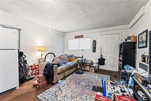 carpeted living area featuring a textured ceiling