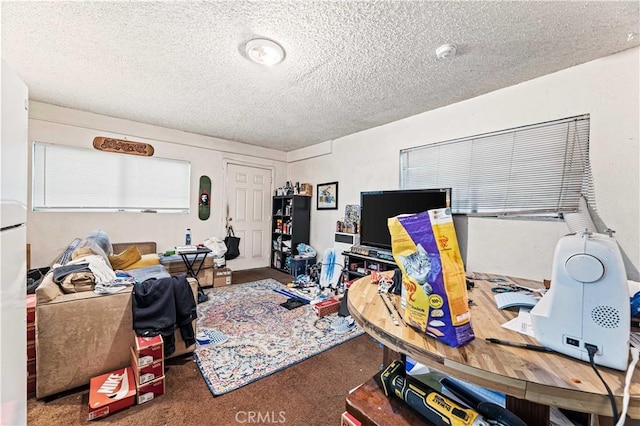 carpeted office with a textured ceiling