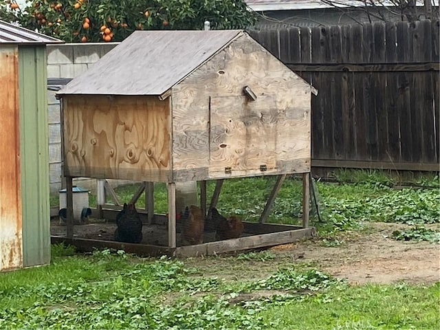 view of poultry coop with fence