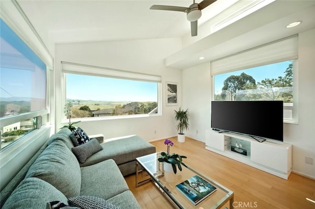 1735 Spencer St, Cambria, CA 93428 - living room with healthy amount of natural light, wood finished floors, ceiling fan, and recessed lighting