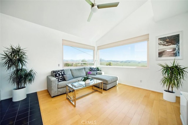 1735 Spencer St, Cambria, CA 93428 - living area featuring a ceiling fan, light wood finished floors, and high vaulted ceiling