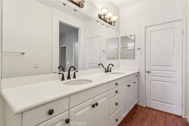 bathroom featuring double vanity, wood finished floors, and a sink