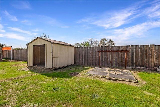 view of shed with a fenced backyard