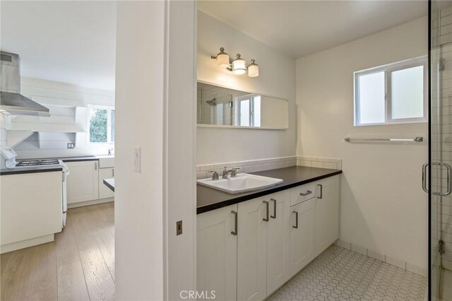 bathroom with vanity and a shower stall