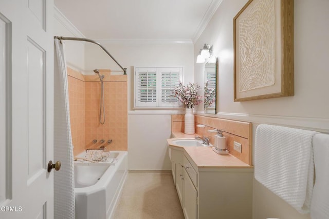 full bath with vanity, decorative backsplash, shower / bathtub combination, and ornamental molding