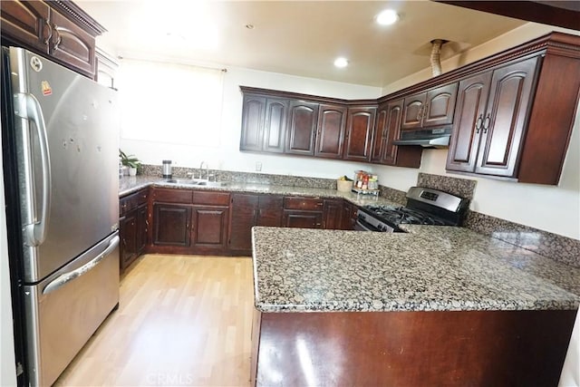 kitchen with light wood finished floors, a sink, dark brown cabinetry, under cabinet range hood, and appliances with stainless steel finishes