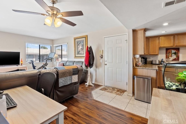 1335 Massachusetts Ave Unit 202, Riverside, CA 92507 - living area with ceiling fan, a desk, light wood-style floors, and recessed lighting