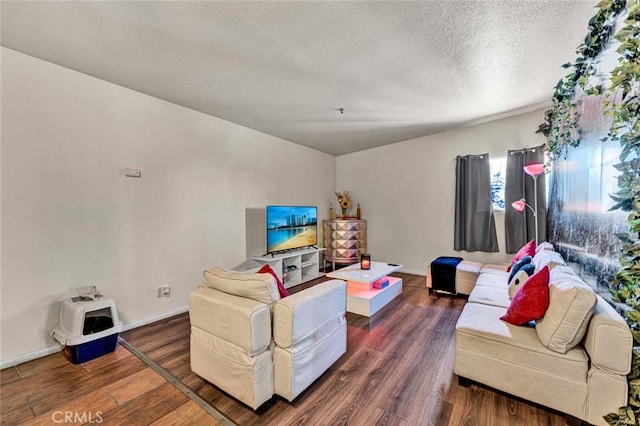 living area featuring baseboards, a textured ceiling, and wood finished floors