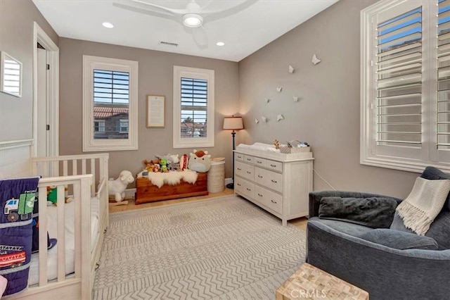 bedroom featuring recessed lighting, visible vents, and ceiling fan