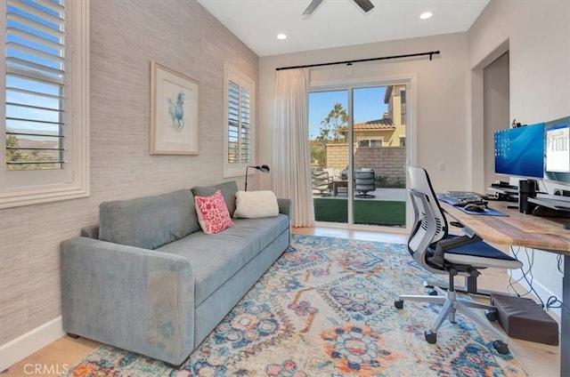 office area featuring recessed lighting, wallpapered walls, baseboards, and a ceiling fan