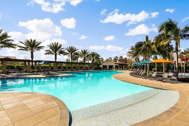 community pool with a patio area