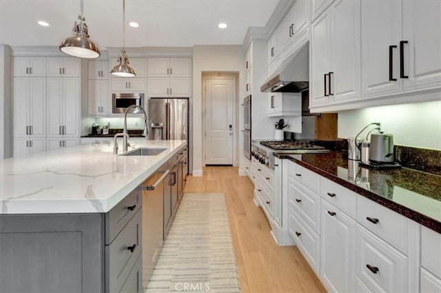 kitchen with light wood finished floors, gray cabinetry, under cabinet range hood, appliances with stainless steel finishes, and white cabinets