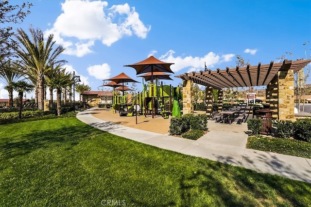 community play area featuring a lawn and a pergola