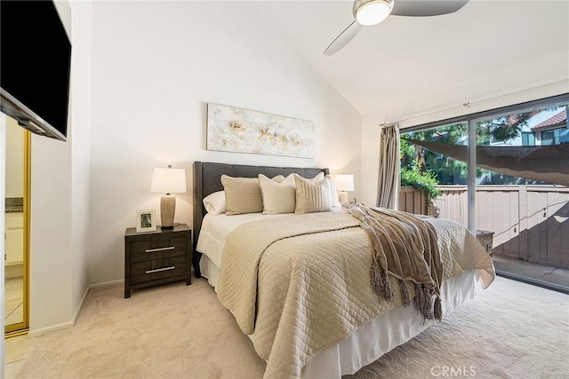 bedroom with baseboards, ceiling fan, light colored carpet, vaulted ceiling, and access to outside