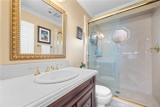 bathroom with vanity, visible vents, a stall shower, ornamental molding, and toilet