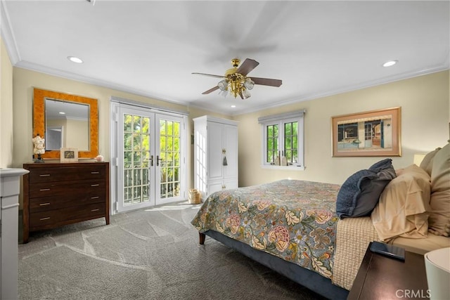 bedroom with light carpet, access to outside, recessed lighting, french doors, and crown molding