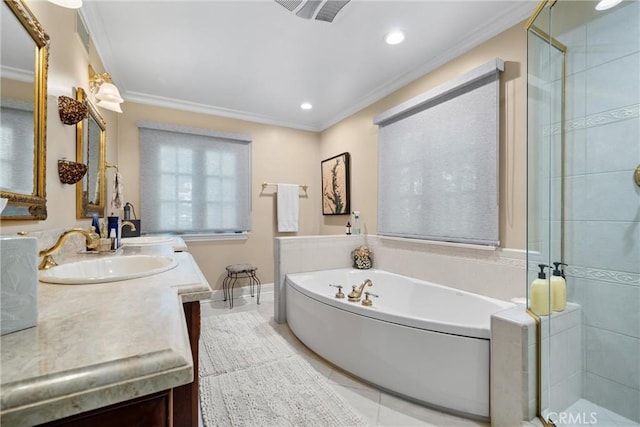 bathroom featuring a shower stall, a bath, crown molding, and tile patterned flooring