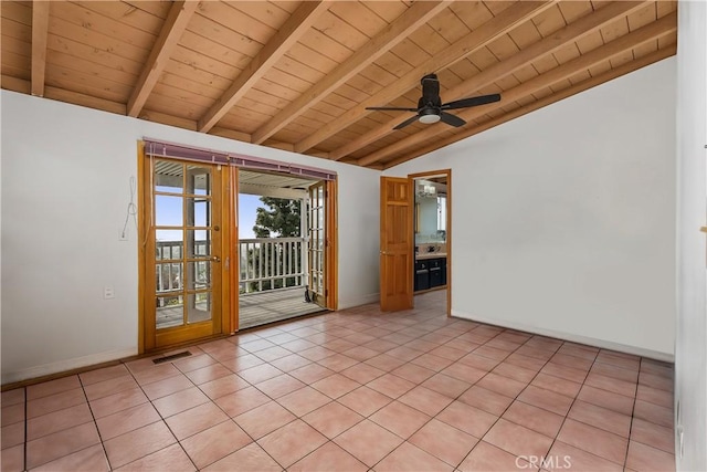 unfurnished room with lofted ceiling with beams, visible vents, wooden ceiling, and light tile patterned floors