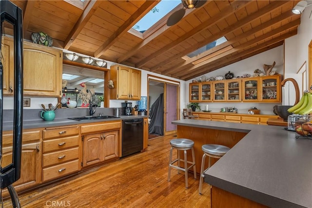 535 Mystic Way, Laguna Beach, CA 92651 - kitchen featuring dishwasher, a skylight, wood ceiling, a sink, and light wood-style floors