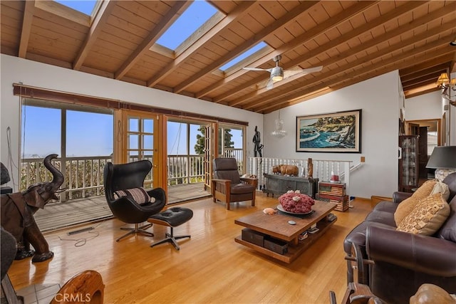 living area featuring visible vents, baseboards, wood ceiling, vaulted ceiling with skylight, and wood finished floors