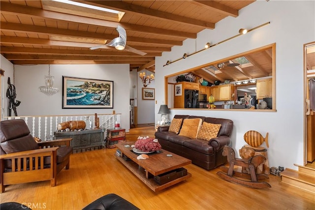 535 Mystic Way, Laguna Beach, CA 92651 - living area with wood ceiling, wood finished floors, a chandelier, and ceiling fan