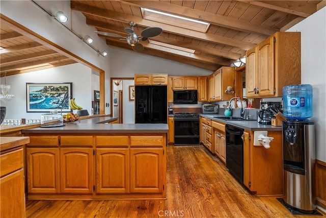 535 Mystic Way, Laguna Beach, CA 92651 - kitchen featuring black appliances, wood ceiling, a sink, wood finished floors, and a ceiling fan