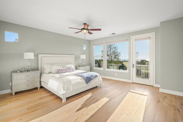 bedroom with access to outside, light wood-style flooring, visible vents, and baseboards