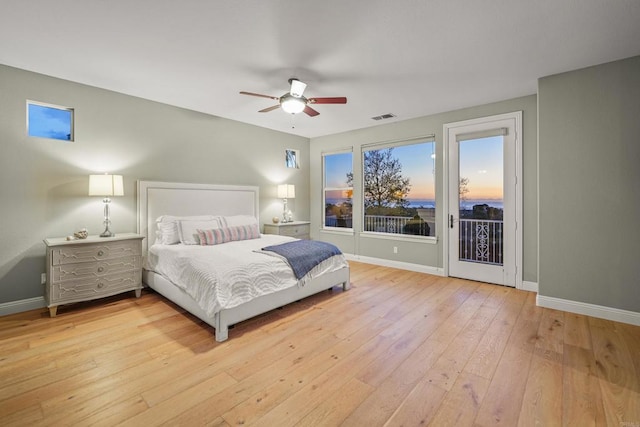 bedroom with baseboards, visible vents, ceiling fan, access to outside, and light wood-type flooring