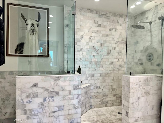 1222 Las Arenas Way Unit 23, Costa Mesa, CA 92627 - full bathroom with tile walls, a walk in shower, and recessed lighting